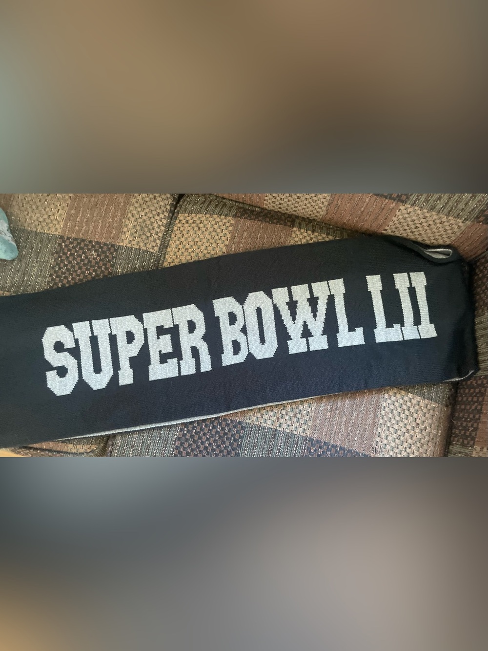 '47 Black and White Pom scarf with Super Bowl LIII Logo